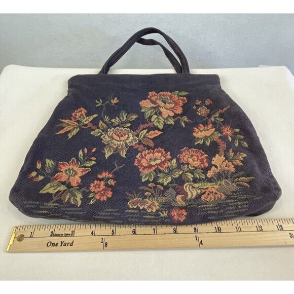 Vintage 50s Tapestry Handbag Floral Design Blue Pink Grannycore Style - Picture 12 of 14